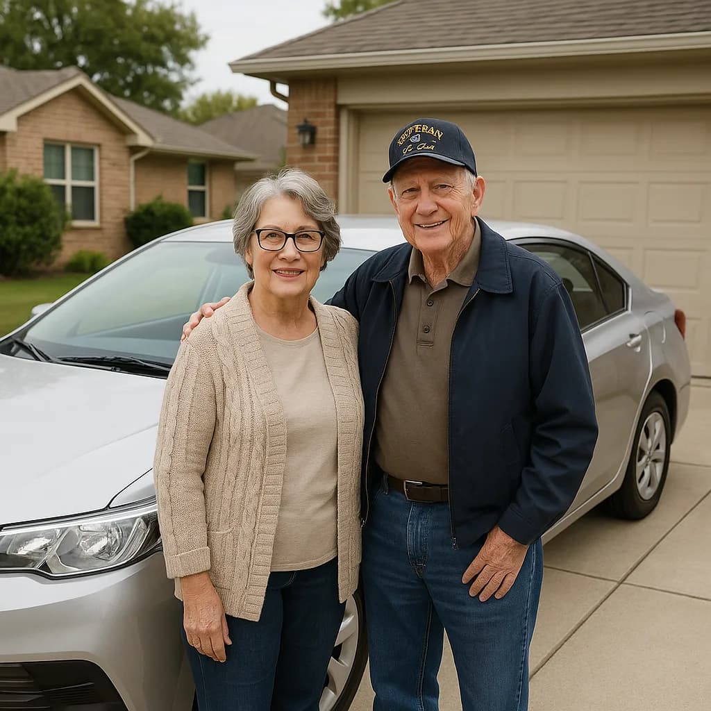 Senior couple standing together in front of white car in residential driveway